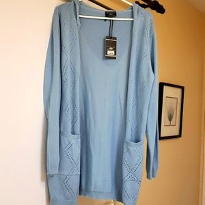 Open front cardigan with hood.  Baby blue Size Large